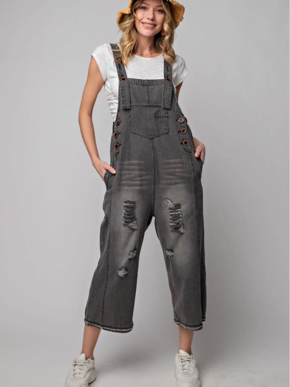Easel Los Angeles Distressed Black Denim Wide Leg Overalls Size Small